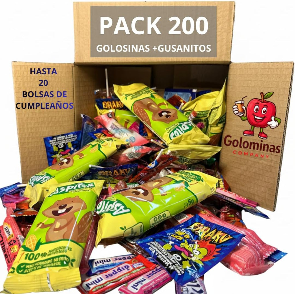 Mega Pack 200 Chuches y Golosinas Golominas Gusanitos | Caramelos Surtidos Envuelto Individualmente | Ideal para Cumpleaños, Piñatas, Fiestas Infantiles y Navidad | Hasta 20 Bolsas