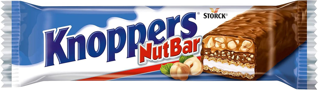 Knoppers Nutbar (24x40g) - Barra de barquillo con crema de leche (14,4%), crema de avellanas (14%), avellanas picadas (13,4%) y caramelo suave (22,2%)