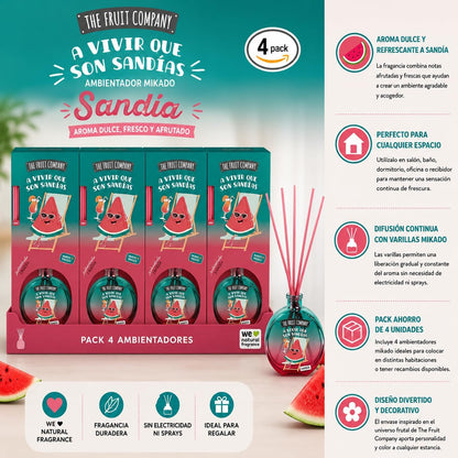 The Fruit Company Mikado Watermelon Air Freshener Pack 4 Units | Sweet and Fresh Aroma Reed Diffuser | Long Lasting Home Air Freshener