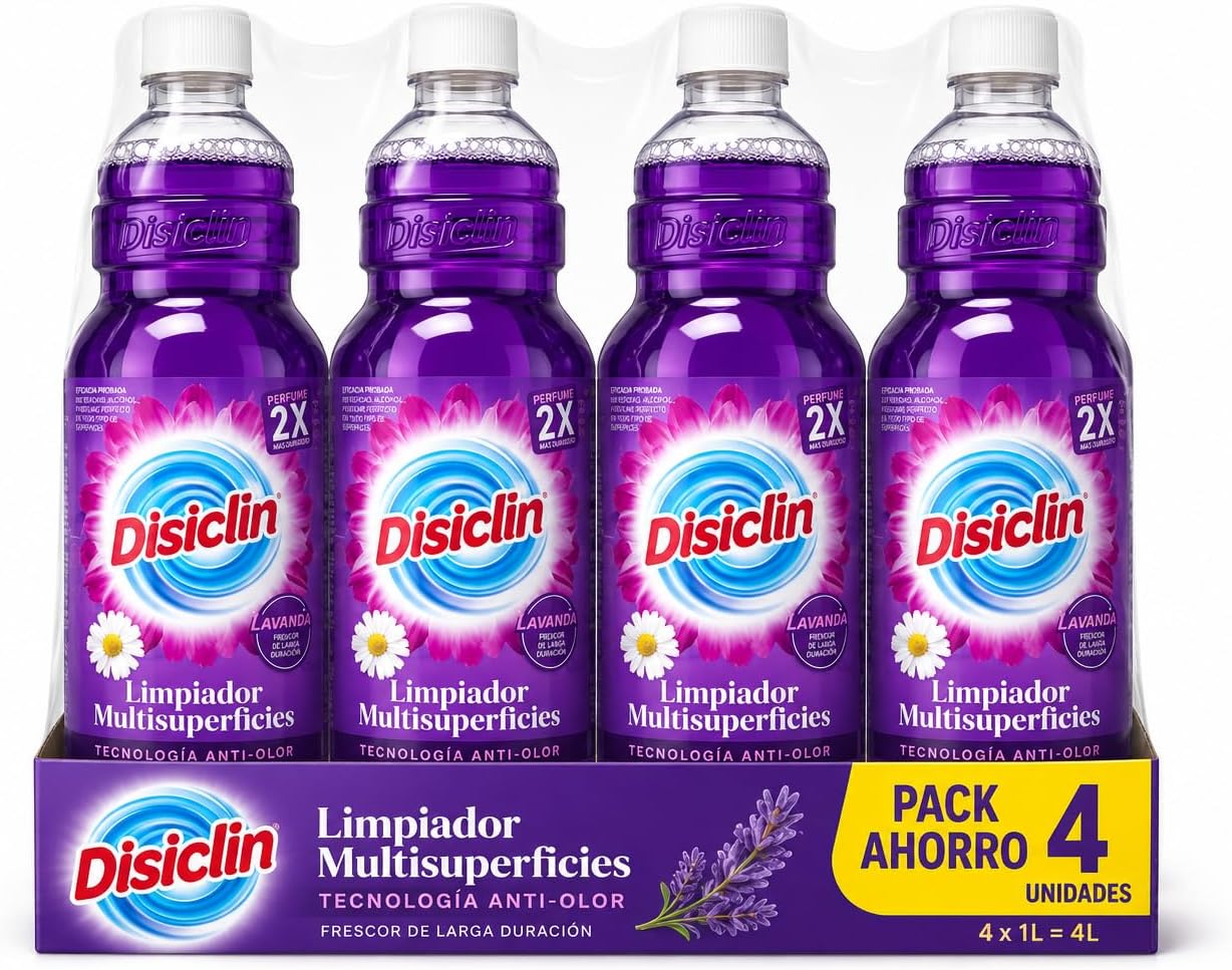 Disiclin Limpiador Multisuperficies Lavanda Pack 4 x 1L – Limpiador Multiusos con Tecnología Anti-Olor – Perfume 2X Más Duradero – Limpieza y Frescor de Larga Duración – 4 Litros