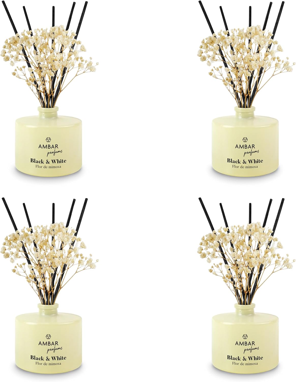 Ámbar Perfums Ambientador Mikado Black & White Flor de Mimosa – Difusor de Varillas Decorativo con Aroma Floral y Elegante, Duración +45 Días – Pack de 4 x 40 ml