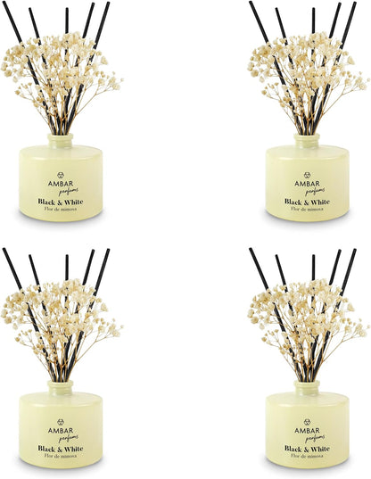 Ámbar Perfums Ambientador Mikado Black & White Flor de Mimosa – Difusor de Varillas Decorativo con Aroma Floral y Elegante, Duración +45 Días – Pack de 4 x 40 ml