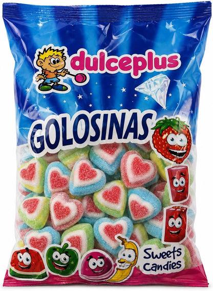 Dulceplus Corazones Tricolor con Azúcar – Gominolas de Colores con Centro Rojo y Blanco – Golosinas Blandas Sin Gluten y