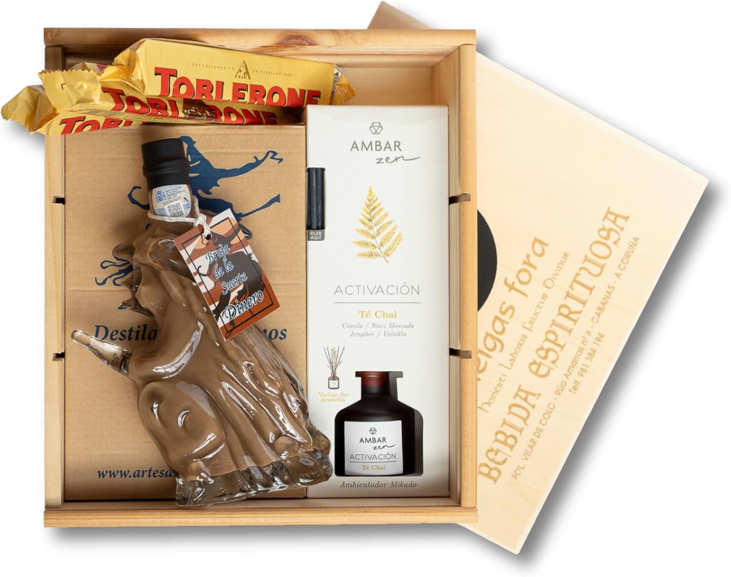 Regalo – Pack con Licor de Chocolate, Mikado Té Chai, Toblerone y Caja de Madera