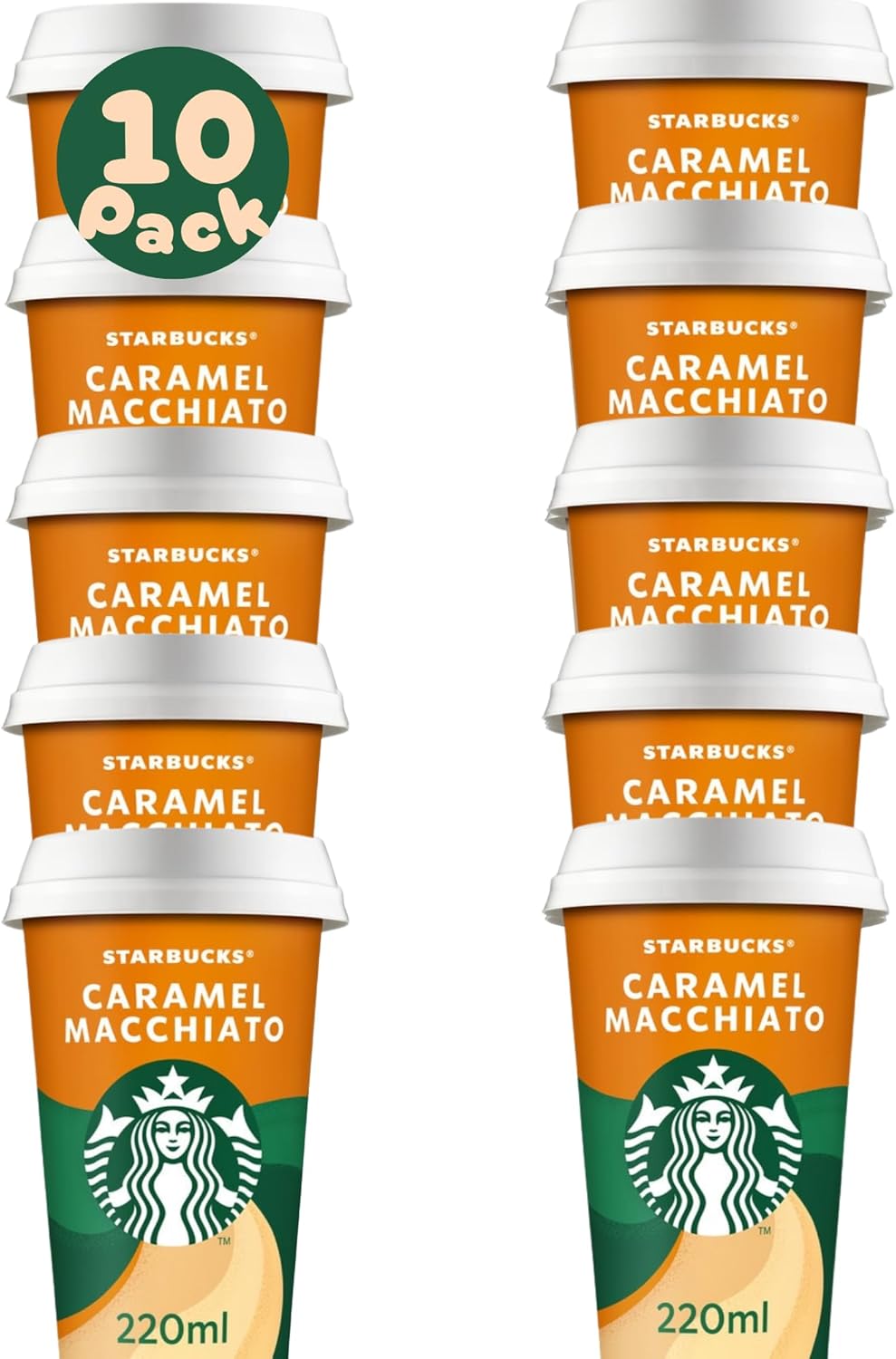 Pack Café Frío Listo para Tomar | Starbucks Pack de Vasos de Café Listo para Bebe - 10 Vasos x 220ml (Pack 10 x 220ml, Caramel Macchiato)