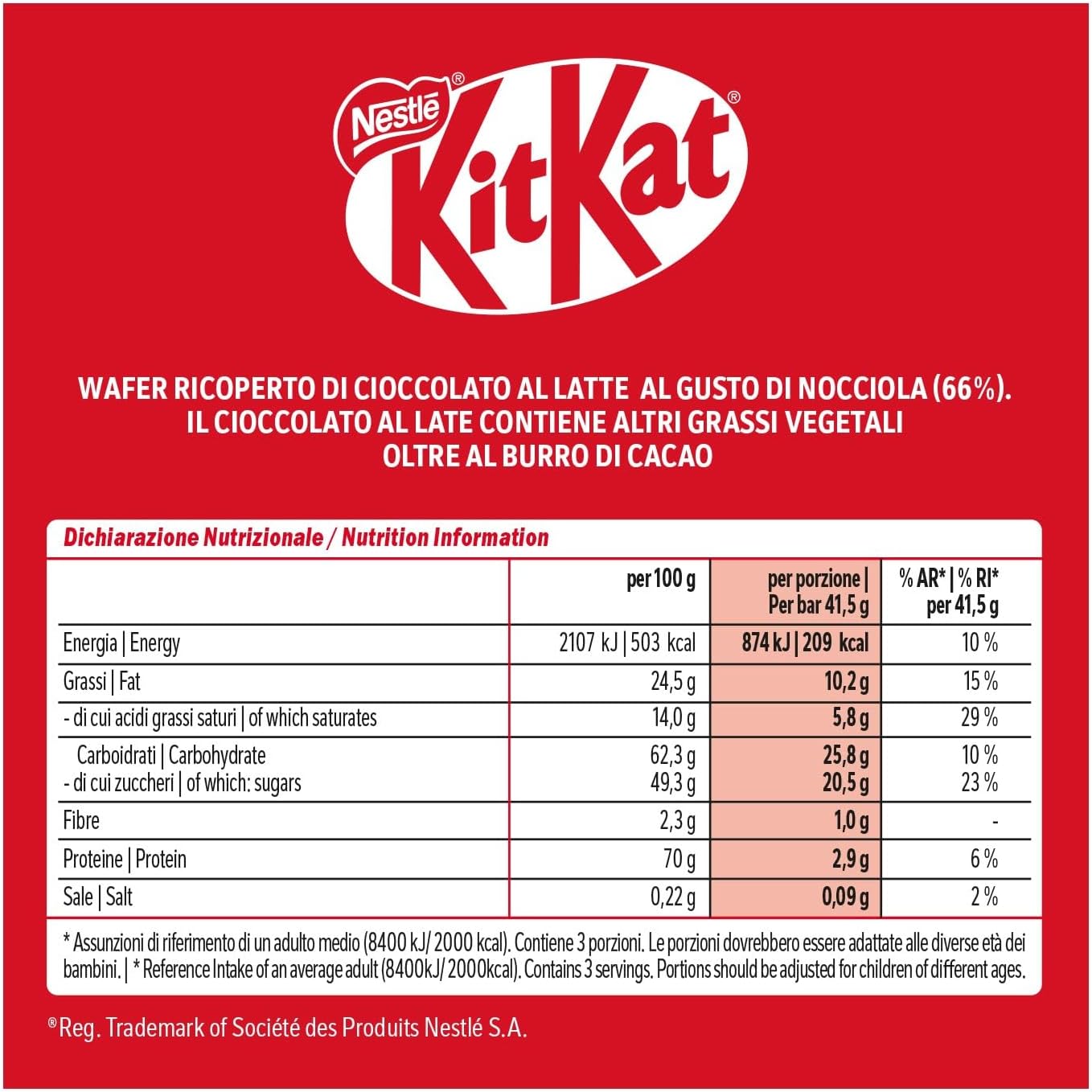 KITKAT Hazelnut Wafer cubierto con chocolate con leche sabor avellanas, 24 aperitivos de 41,5 g (996 g)