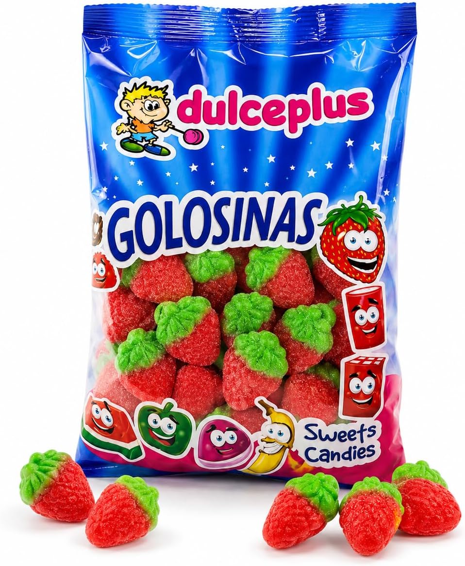 Dulceplus Fresas de Gominola 1 kg | Chuches de Fresa Rojas y Verdes, Sin Gluten y Halal | Golosinas para Cumpleaños, Piñatas, Candy Bar y Fiestas