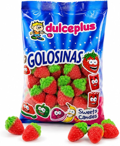 Dulceplus Fresas de Gominola 1 kg | Chuches de Fresa Rojas y Verdes, Sin Gluten y Halal | Golosinas para Cumpleaños, Piñatas, Candy Bar y Fiestas