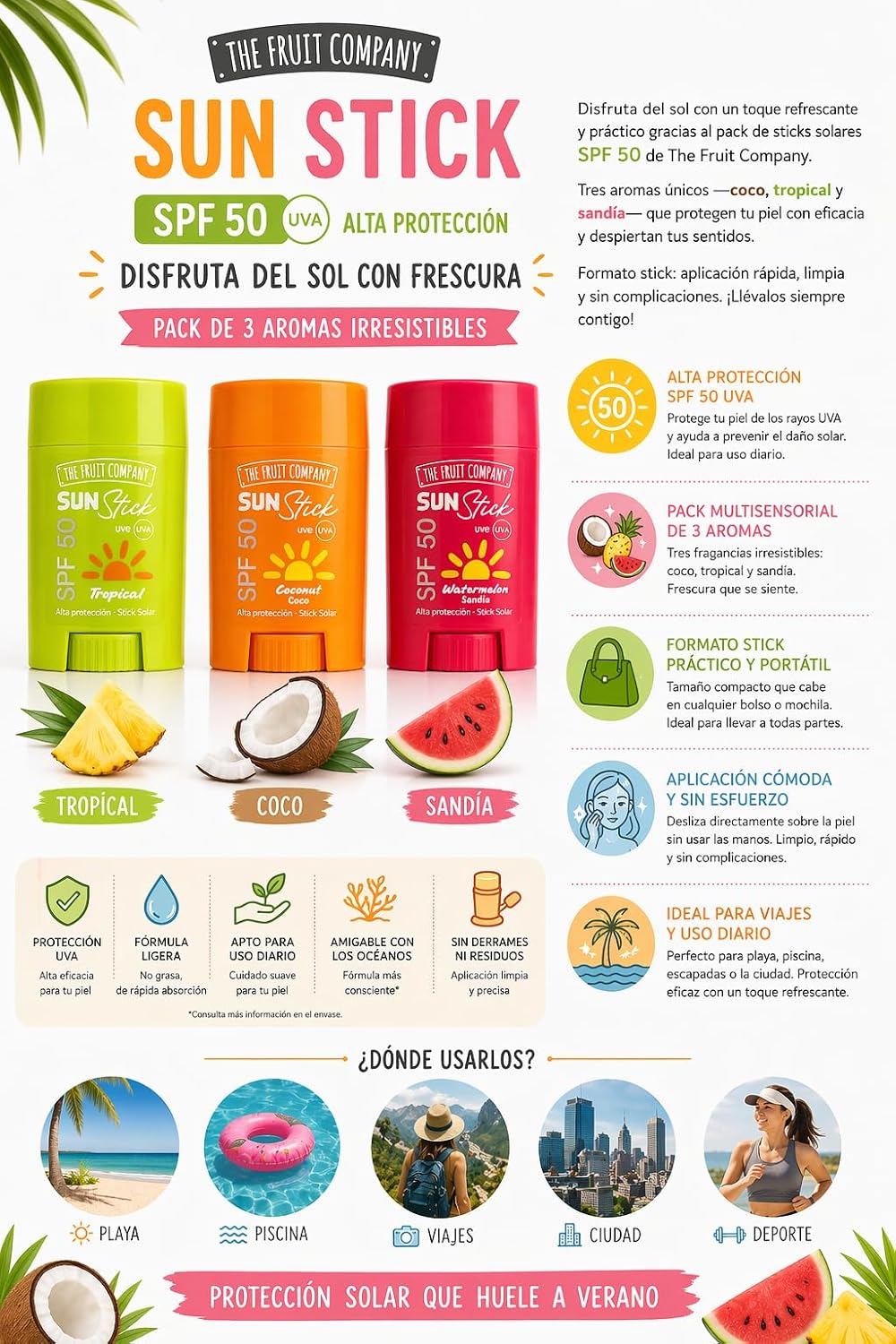Protector Solar en Stick SPF 50 Pack 3 Sabores 60g – Coconut, Tropical y Watermelon | The Fruit Company Sun Stick Alta Protección UVA