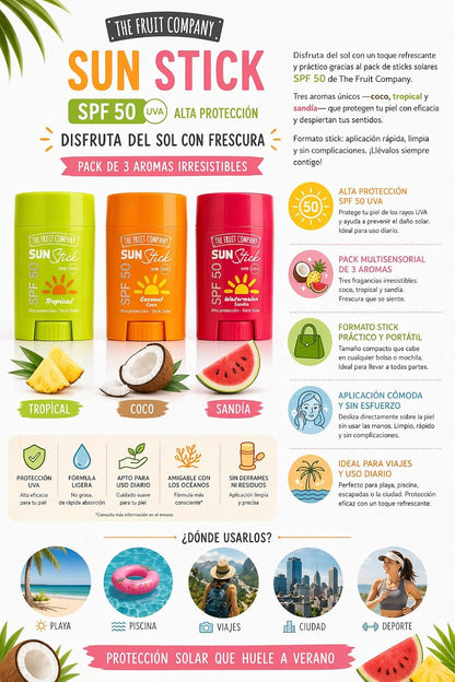 Protector Solar en Stick SPF 50 Pack 3 Sabores 60g – Coconut, Tropical y Watermelon | The Fruit Company Sun Stick Alta Protección UVA