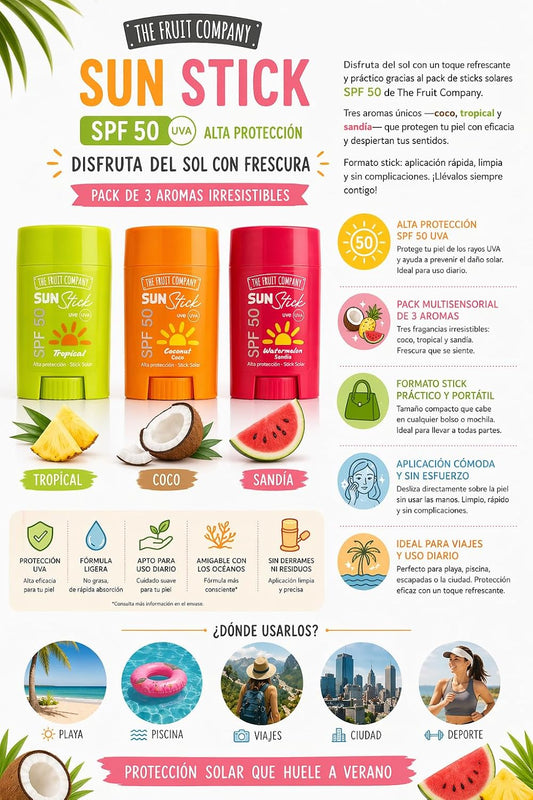 Protector Solar en Stick SPF 50 Pack 3 Sabores 60g – Coconut, Tropical y Watermelon | The Fruit Company Sun Stick Alta Protección UVA