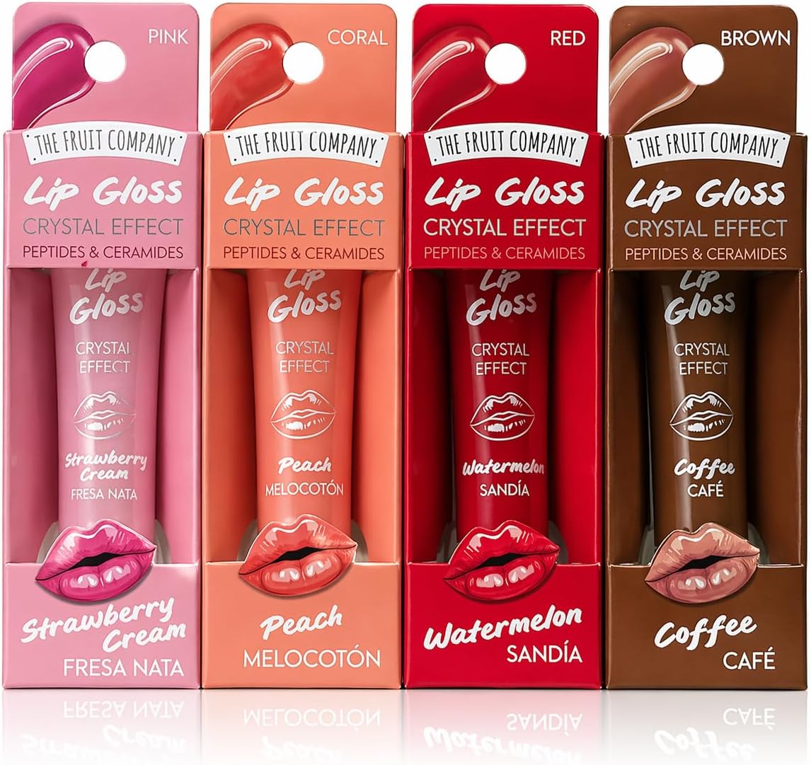 Pack 4 Lip Gloss The Fruit Company Crystal Effect | Brillo Labial con Péptidos y Ceramidas, Hidratación y Efecto Volumen, Sabores Fresa, Melocotón, Sandía y Café