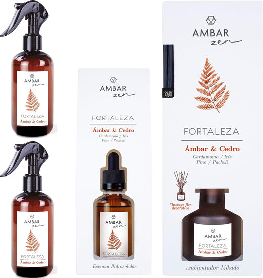 Pack de Aromatización Ámbar y Cedro - Spray 225ml x2,Esencia Humidificador 50ml y Mikado 40ml | Fragancia Cardamomo para el Hogar Aromaterapia