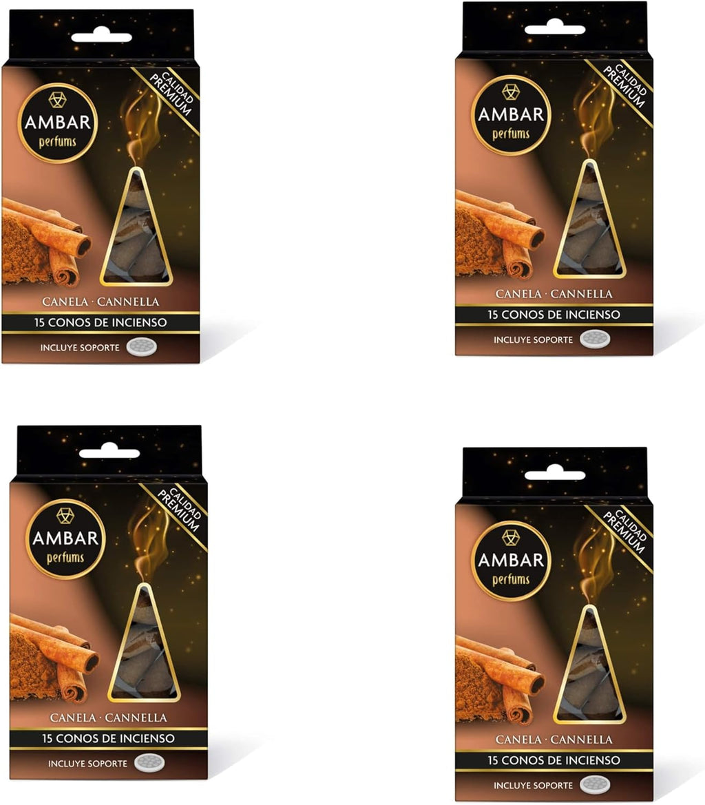 Ambar Perfums Conos de Incienso Canela Pack de 4 (60 Conos en Total) con Soporte Incluido