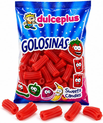 Dulceplus Regaliz Rojo Tubular 1 kg | Chuches Huecas y Estriadas, Sin Gluten y Halal | Golosinas para Cumpleaños, Piñatas, Candy Bar y Fiestas