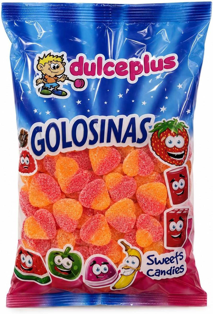 Dulceplus Corazones de Melocotón 1 kg – Gominolas Bicolor con Azúcar, Sin Gluten y Halal – Chuches Blandas para Cumpleaños, Fiestas, Candy Bar y San Valentín