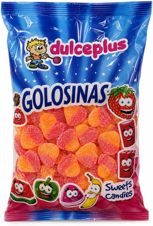 Dulceplus Corazones de Melocotón 1 kg – Gominolas Bicolor con Azúcar, Sin Gluten y Halal – Chuches Blandas para Cumpleañ