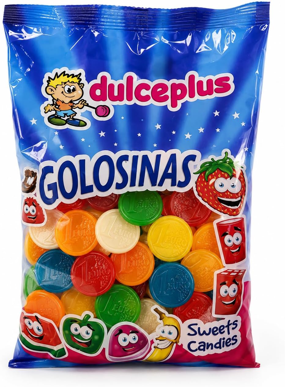 Dulceplus Euros Surtidos 1 kg – Gominolas de Colores con Forma de Moneda – Chuches Blandas Sin Gluten y Halal para Cumpleaños, Fiestas y Candy Bar