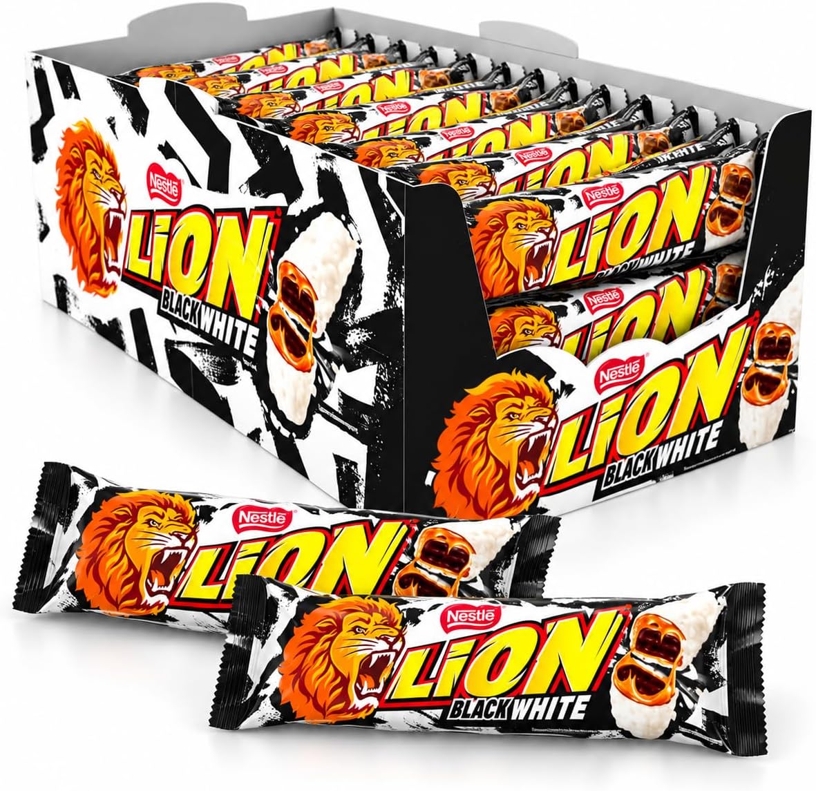 Nestlé Lion Black & White – Chocolatinas de Chocolate Blanco, Caramelo y Cereales – 24 Unidades
