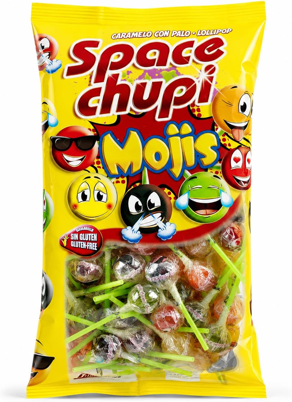 Intervan Space Chupi Mojis Chupas de Sabores Surtidos 100 Unidades | Caramelos con Palo Individuales Sin Gluten para Fiestas, Cumpleaños, Piñatas y Candy Bar