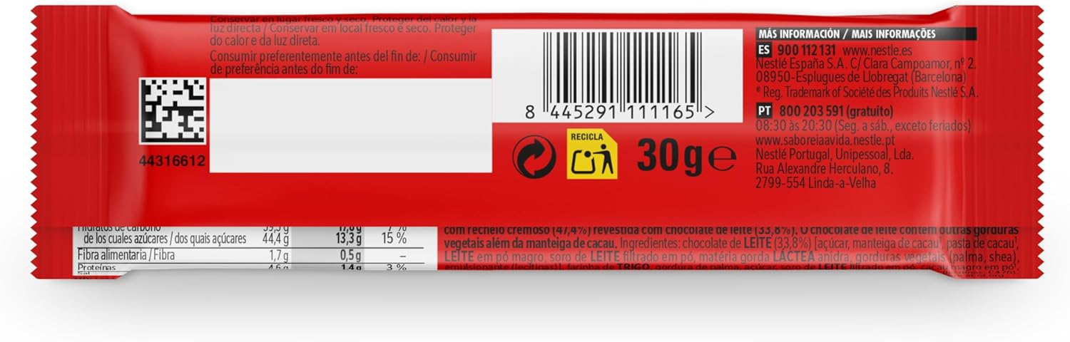 NESTLÉ EXTRAFINO Barrita de barquillo , paquete 30 barritas de 30 g