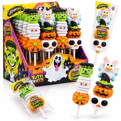 JohnyBee Mallow Scary Party caja de 24 piruletas de marshmallow