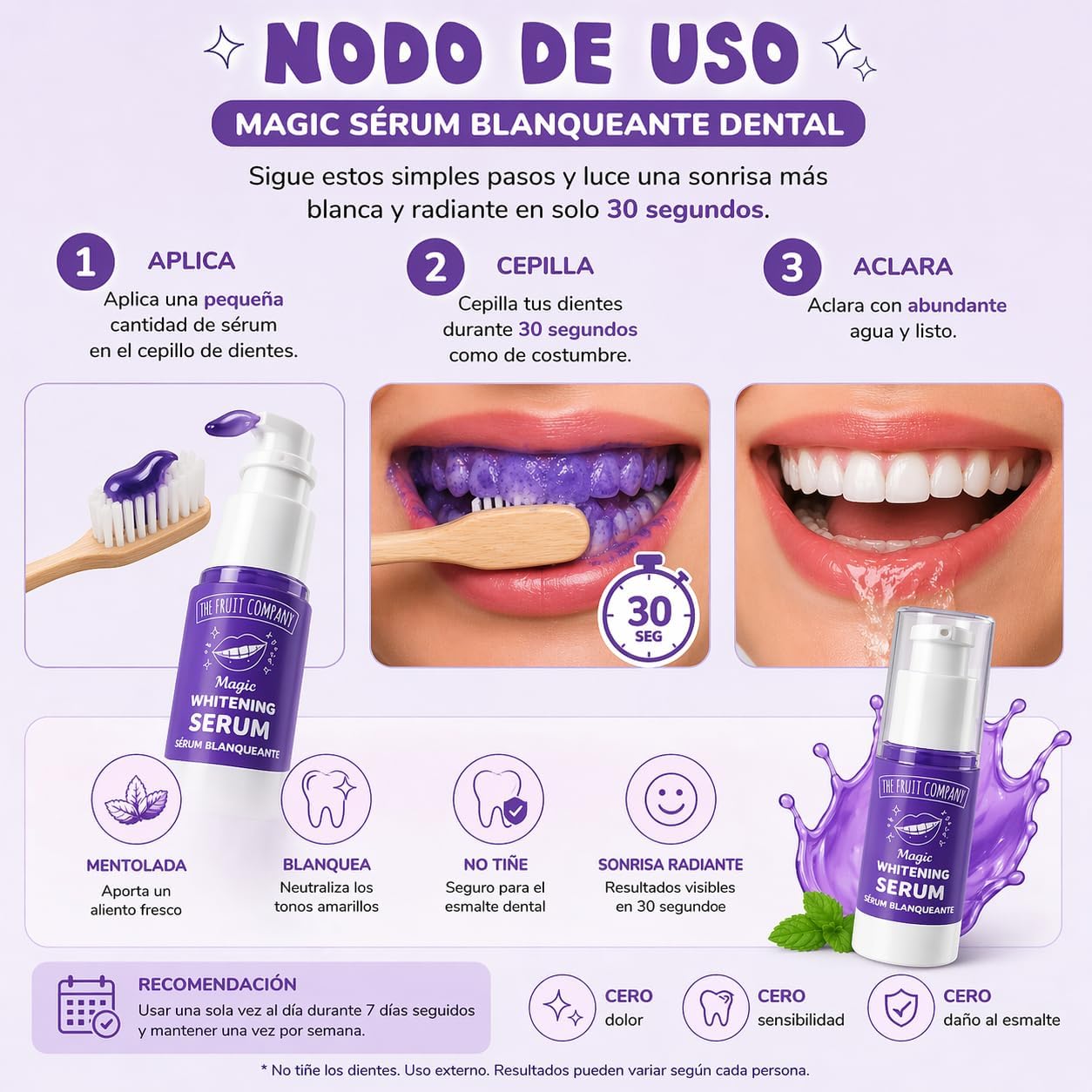 Pack 3 Sérum Blanqueador Dental The Fruit Company 30g | Corrector Violeta Anti Amarillo, Blanqueamiento en 30 Segundos, Menta Refrescante, Seguro para Esmalte