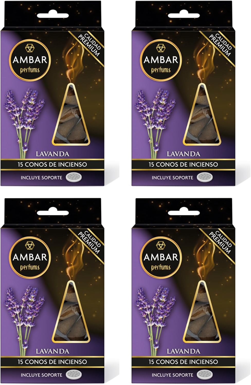 Ambar Perfums Conos de Incienso Lavanda | Pack de 4 (60 Conos en Total) con Soporte Incluido