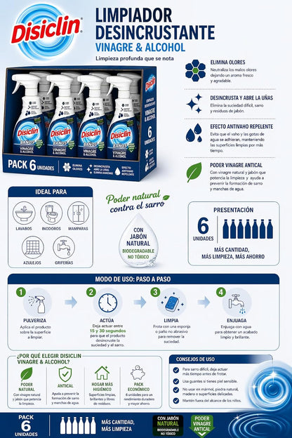 Disiclin Baños Limpiador Desincrustante Vinagre & Alcohol – Pack 6 Unidades | Elimina Cal, Olores y Manchas | Spray Multiusos para Baño, Grifos, Azulejos y Superficies Marca: Golominas company