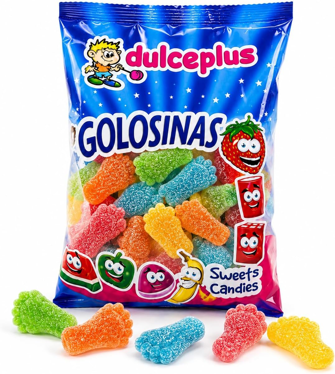 Dulceplus Pies de Gominola Ácidos 1 kg | Chuches Pica Surtidas de Colores, Sin Gluten y Halal | Golosinas para Cumpleaños, Piñatas, Candy Bar y Fiestas