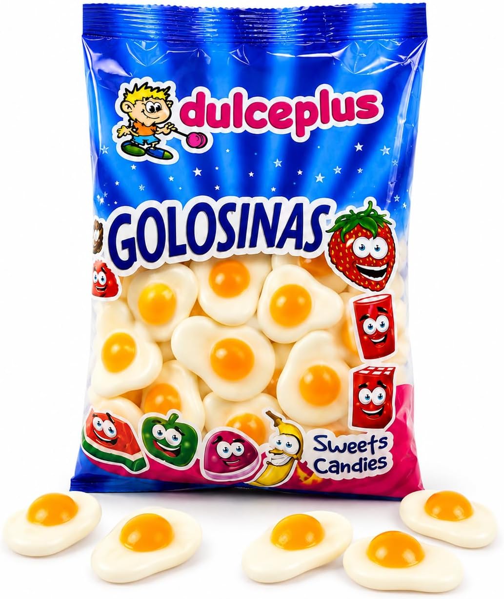 Dulceplus Huevos Fritos de Gominola 1 kg | Chuches de Gelatina Blancas y Amarillas, Sin Gluten y Halal | Golosinas para Cumpleaños, Piñatas, Candy Bar y Fiestas