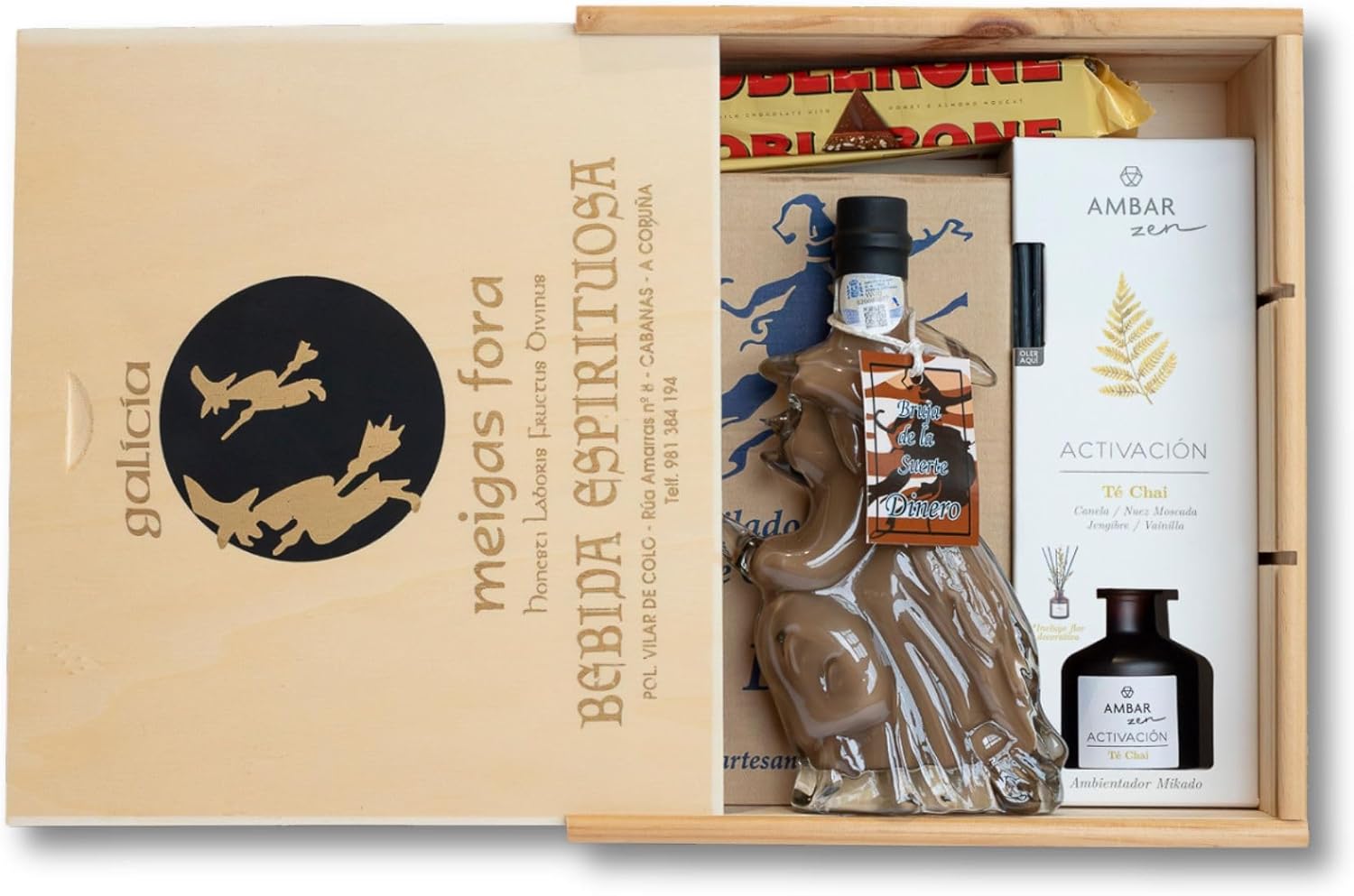 Regalo – Pack con Licor de Chocolate, Mikado Té Chai, Toblerone y Caja de Madera