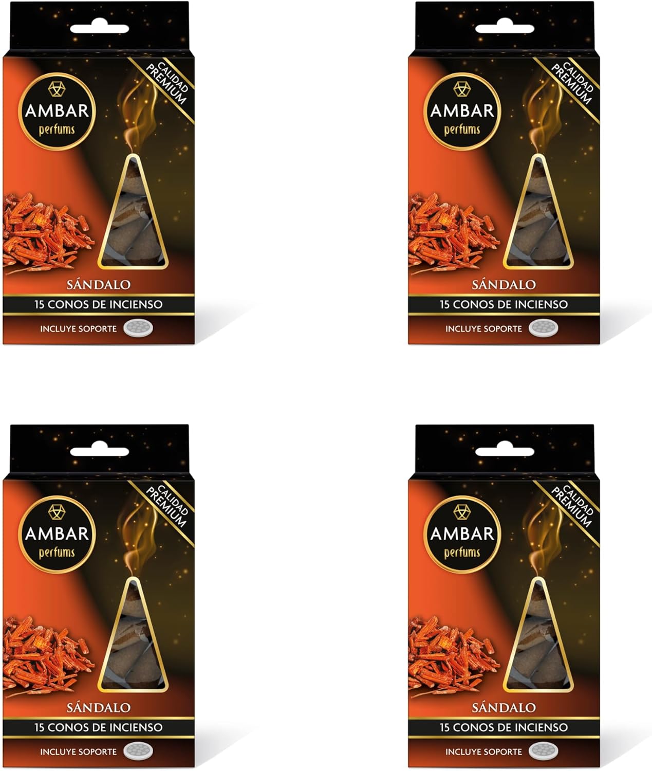 Ambar Perfums Conos de Incienso Sándalo Pack de 4 (60 Conos en Total) con Soporte Incluido