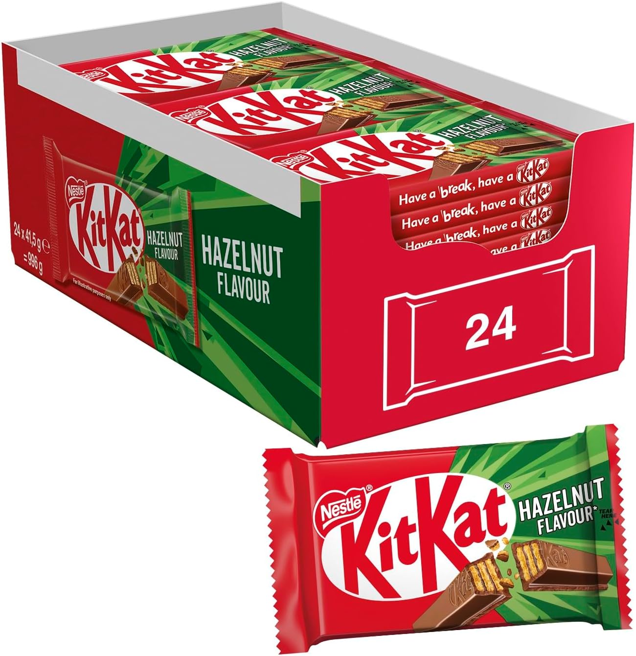 KITKAT Hazelnut Wafer cubierto con chocolate con leche sabor avellanas, 24 aperitivos de 41,5 g (996 g)