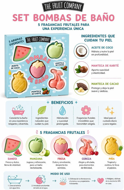 Pack 2 Set Bombas de Baño The Fruit Company (10 Unidades) | Bombas Efervescentes Aromáticas Hidratantes con Aceite de Coco, Karité y Cacao | Spa en Casa, Aromas Frutales, Regalo Mujer