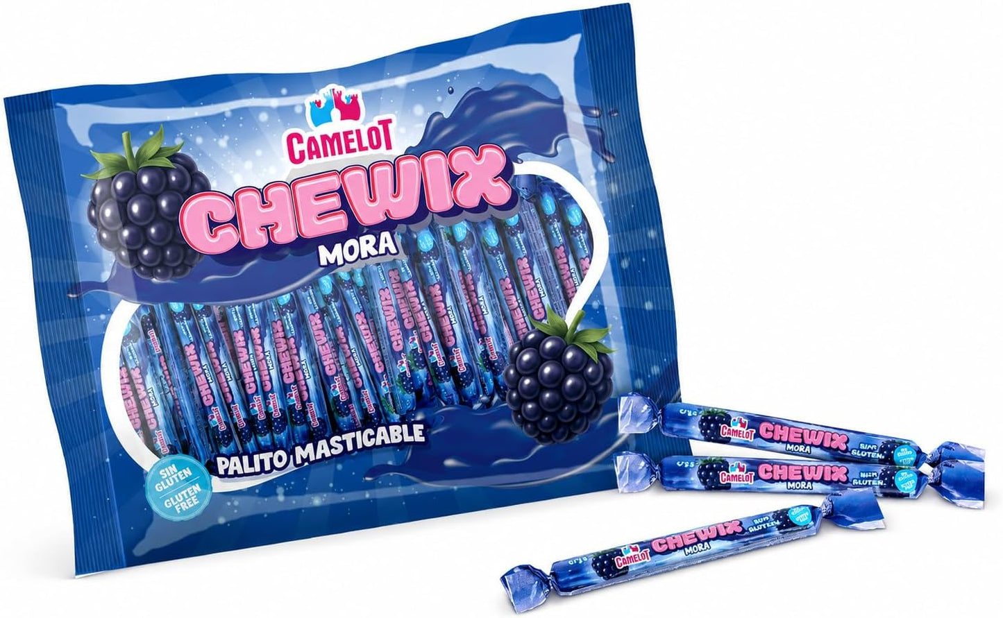 Camelot Chewix Mora 200 Unidades – Palitos Masticables Sabor Mora – Caramelos Blandos Sin Gluten – Bolsa de 840 g – Golosinas para Cumpleaños, Fiestas, Piñatas y Candy Bar