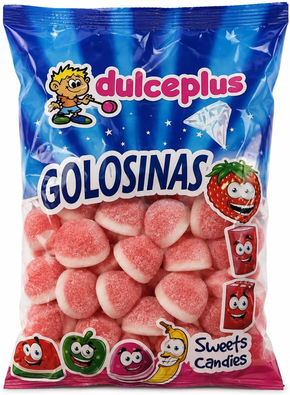 Dulceplus Besos de Fresa 1 kg – Gominolas Rojas y Blancas con Azúcar – Golosinas Blandas Sin Gluten y Halal para Cumpleaños, Fiestas y Candy Bar