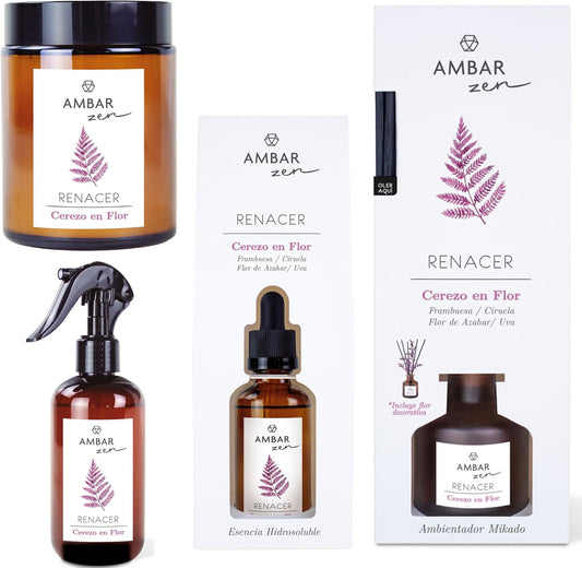 Pack de Aromatización Cerezo en flor Frambuesa, Ciruela, Flor de Azahar y Uva- Spray 225ml,Esencia Humidificador 50ml y Mikado 40ml +vela aromatica Fragancia para el Hogar Aromaterapia
