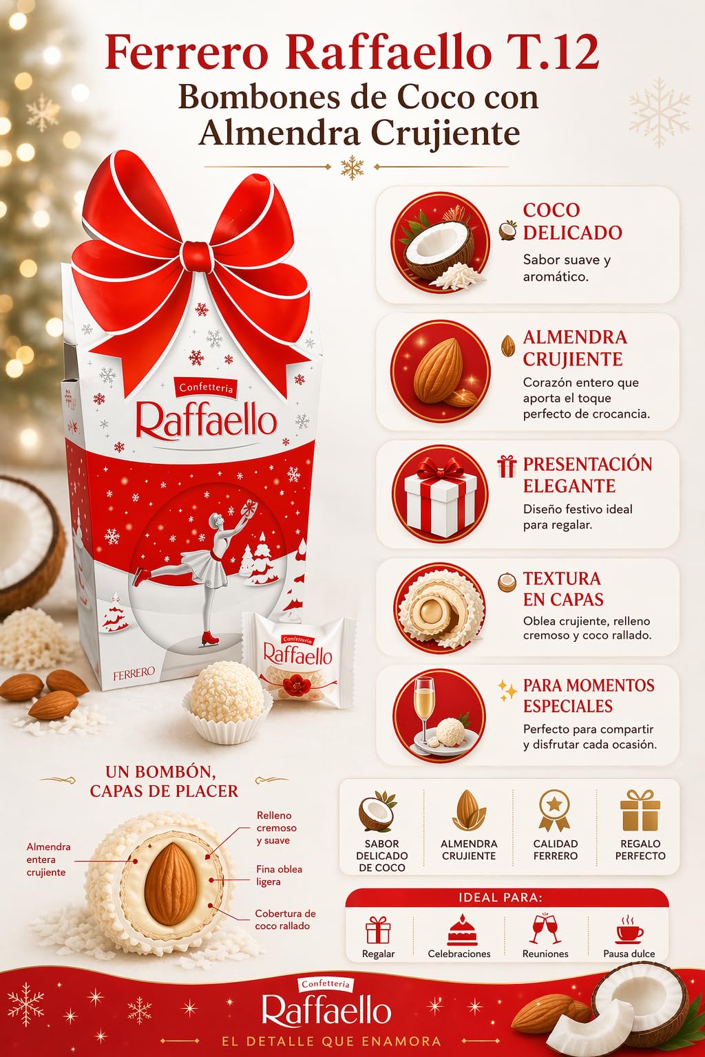 Raffaello T12 – 12 Bombones de Coco y Almendra, Caja Regalo