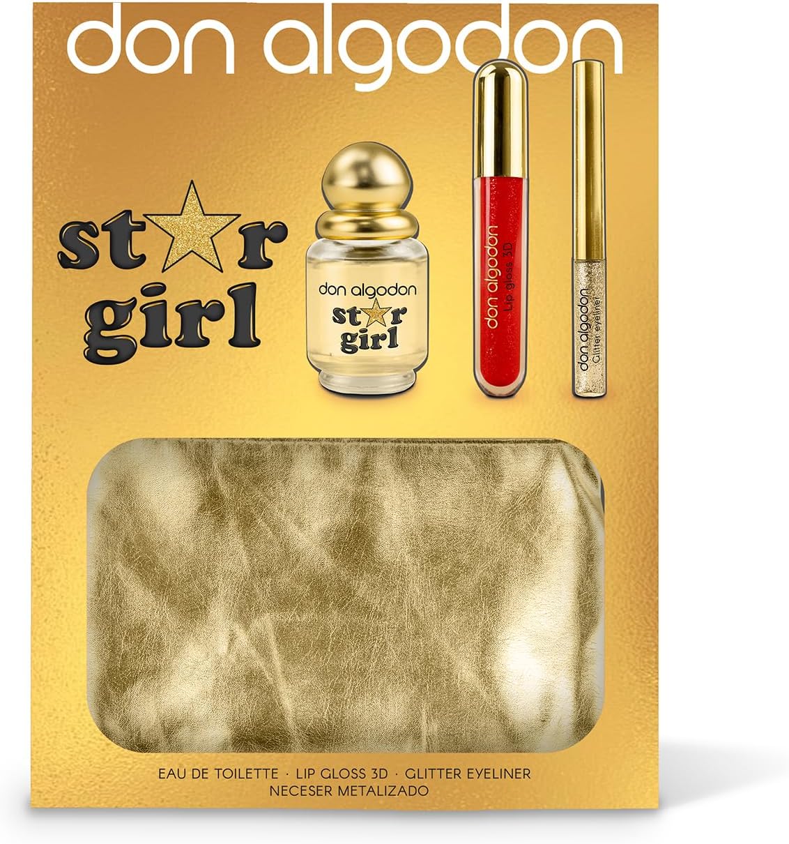 Set de Regalo Star Girl de Don Algodón. Incluye la fragancia Star Girl 30 ml, un 3D Lipgloss rojo, un eyeliner glitter y un neceser metalizado