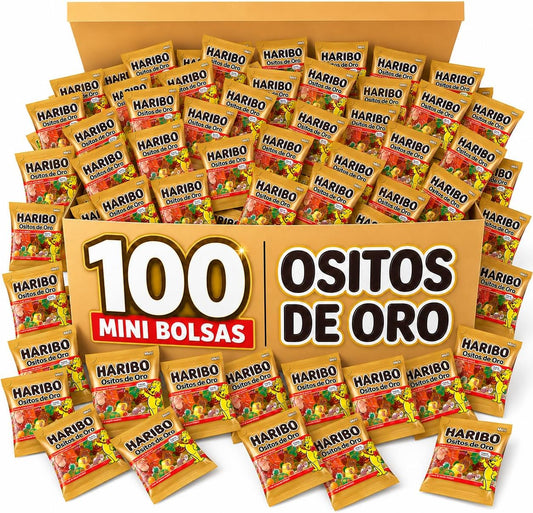Haribo Ositos de Oro Mini 100 Bolsitas Individuales | Gominolas de Sabores Frutales para Cumpleaños, Fiestas, Piñatas y Candy Bar