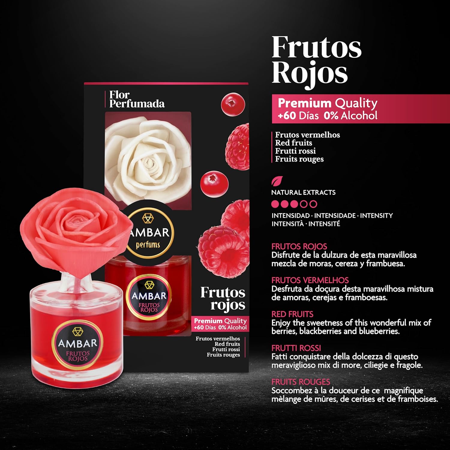 Ambar Perfums Ambientador Flor Difusora. Ambientador Casa Flor Perfumada Frutos Rojos 0% Alcohol, +60 días duración