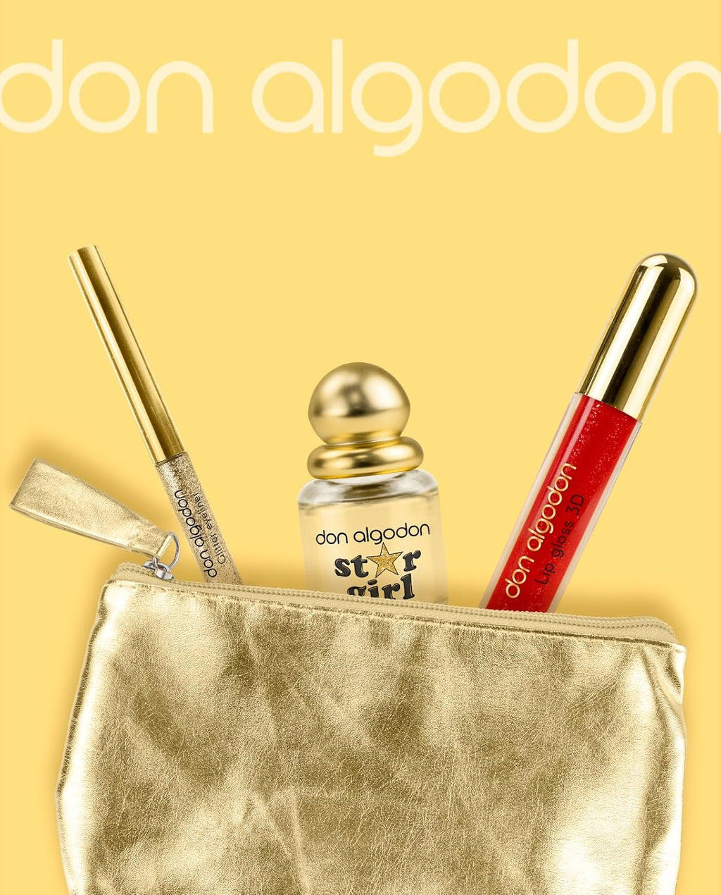 Set de Regalo Star Girl de Don Algodón. Incluye la fragancia Star Girl 30 ml, un 3D Lipgloss rojo, un eyeliner glitter y un neceser metalizado