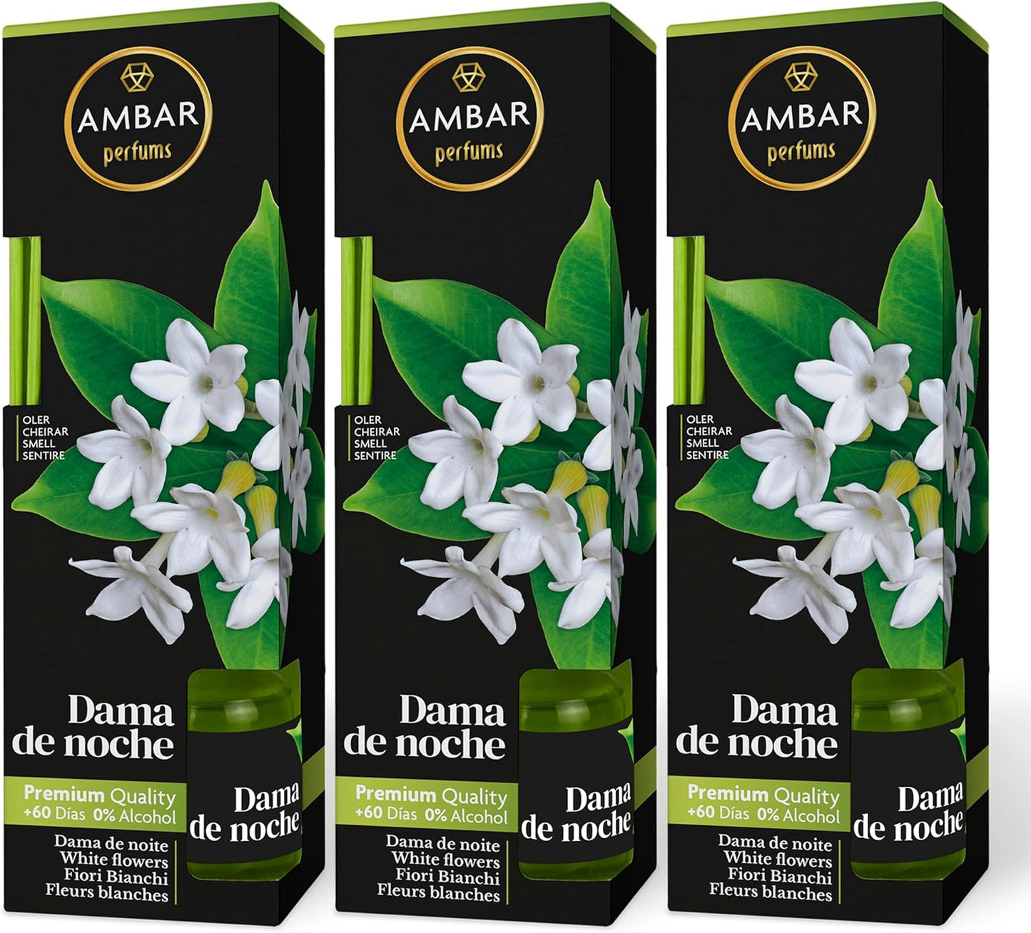 Ambar Perfums Ambientador Mikado Dama de Noche. Ambientador de Varillas 0% Alcohol, +60 días duración. (Pack 3 uds. x 45 ml)