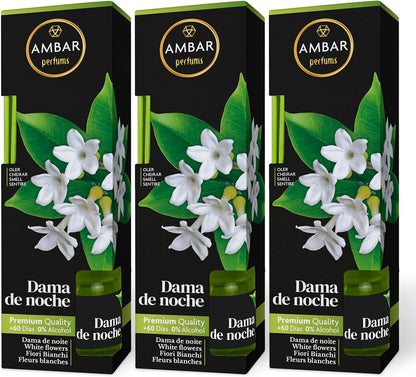 Ambar Perfums Ambientador Mikado Dama de Noche. Ambientador de Varillas 0% Alcohol, +60 días duración. (Pack 3 uds. x 45 ml)