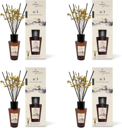 Pack 4 Ambientadores Mikado Ambar Signature nº3 Sandalwood & Amber 85 ml | Difusor de Varillas con Flor Decorativa | Aroma Sándalo, Madera de Eucalipto y Bois de Guayac | Fragancia Elegante para Hogar