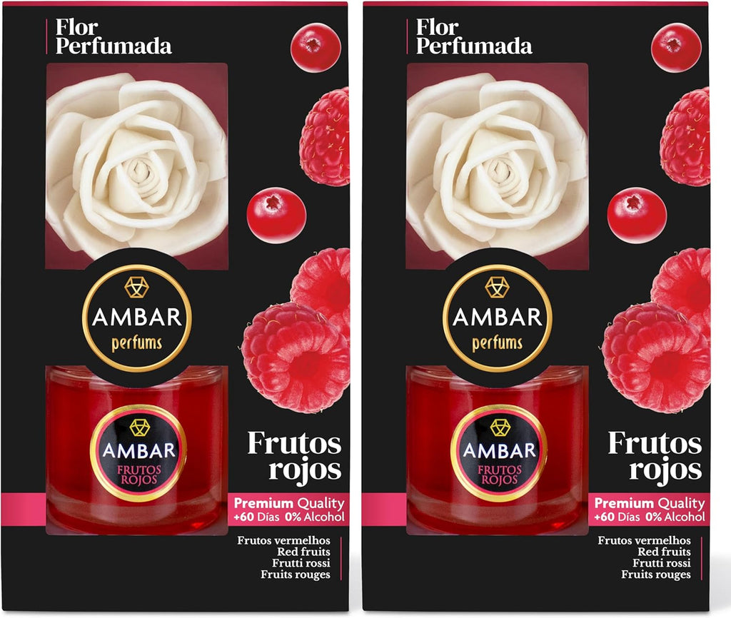 Ambar Perfums Ambientador Flor Difusora. Ambientador Casa Flor Perfumada Frutos Rojos 0% Alcohol, +60 días duración
