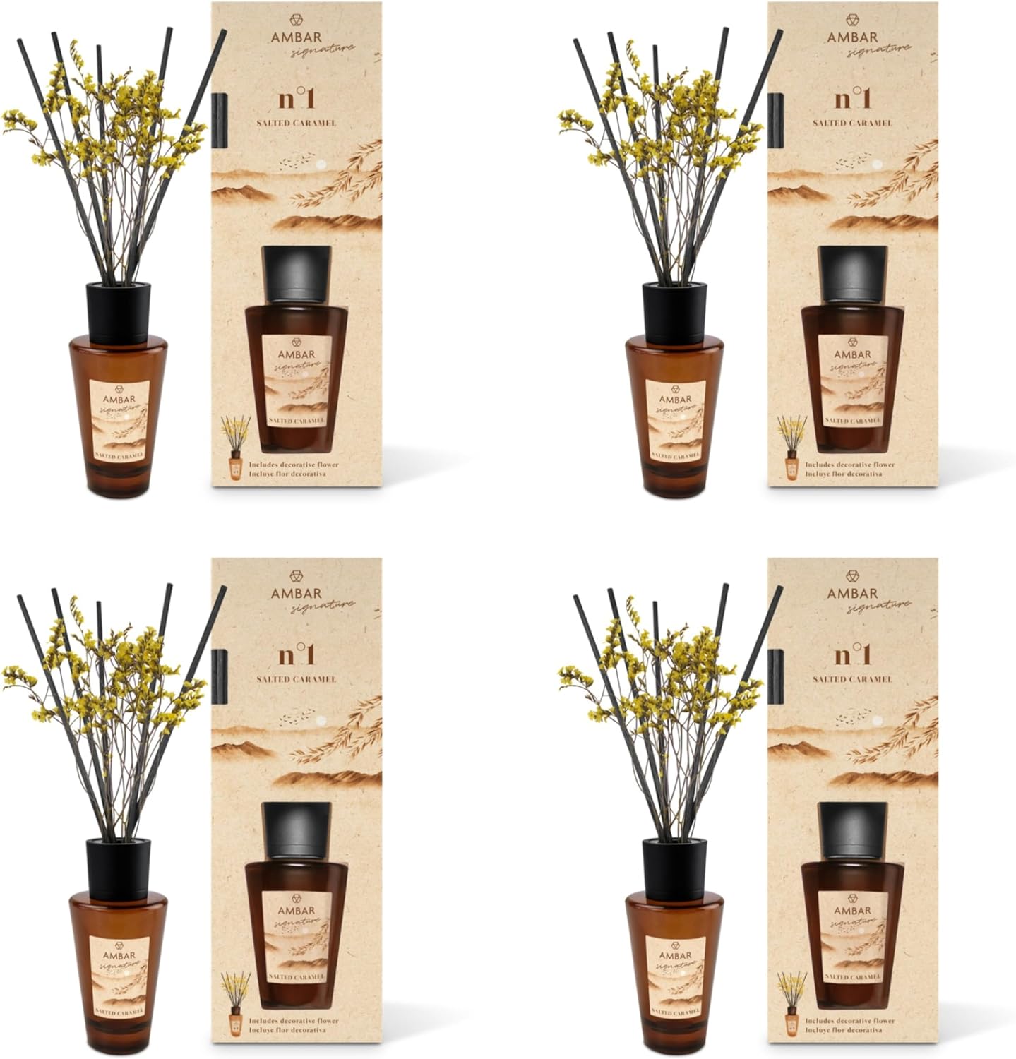 Pack 4 Ambientadores Mikado Ambar Signature nº1 Salted Caramel 85 ml | Difusor de Varillas con Flor Decorativa | Aroma Caramelo Salado, Crema de Leche y Coco Vainilla | Fragancia Hogar Duradera