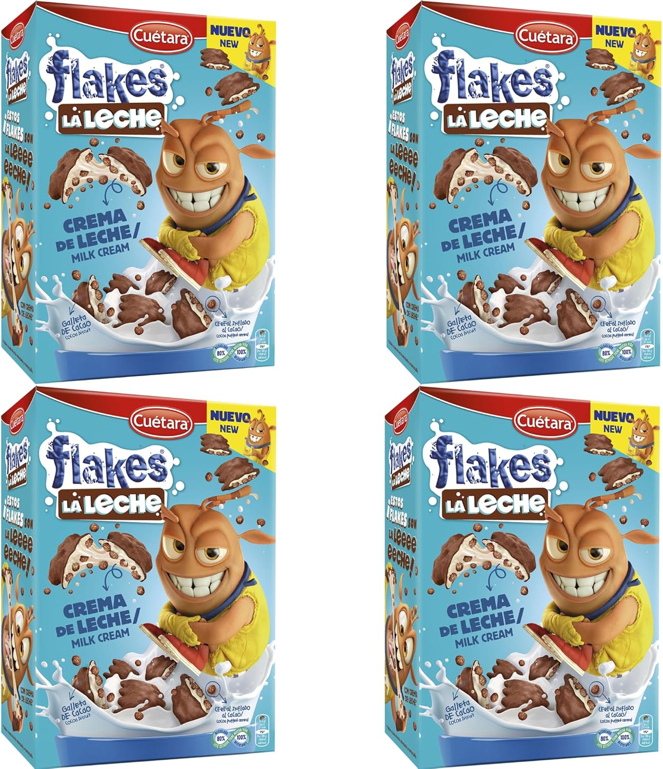 Cereales Cuetara de Chocolate Rellenos de Crema de Leche | Choco Flakes Crujientes de Cacao | Desayuno Dulce para Niños y Adultos | Pack de 4 Cajas