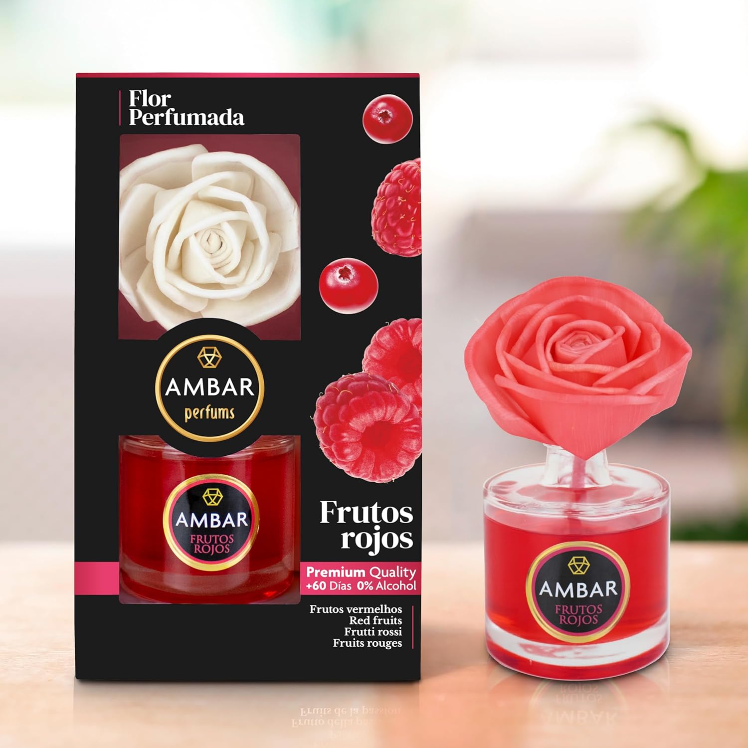 Ambar Perfums Ambientador Flor Difusora. Ambientador Casa Flor Perfumada Frutos Rojos 0% Alcohol, +60 días duración
